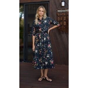 Hermoza Women L Dress Midi Black Floral‎ Poplin Cotton Collar Francesca Modest
